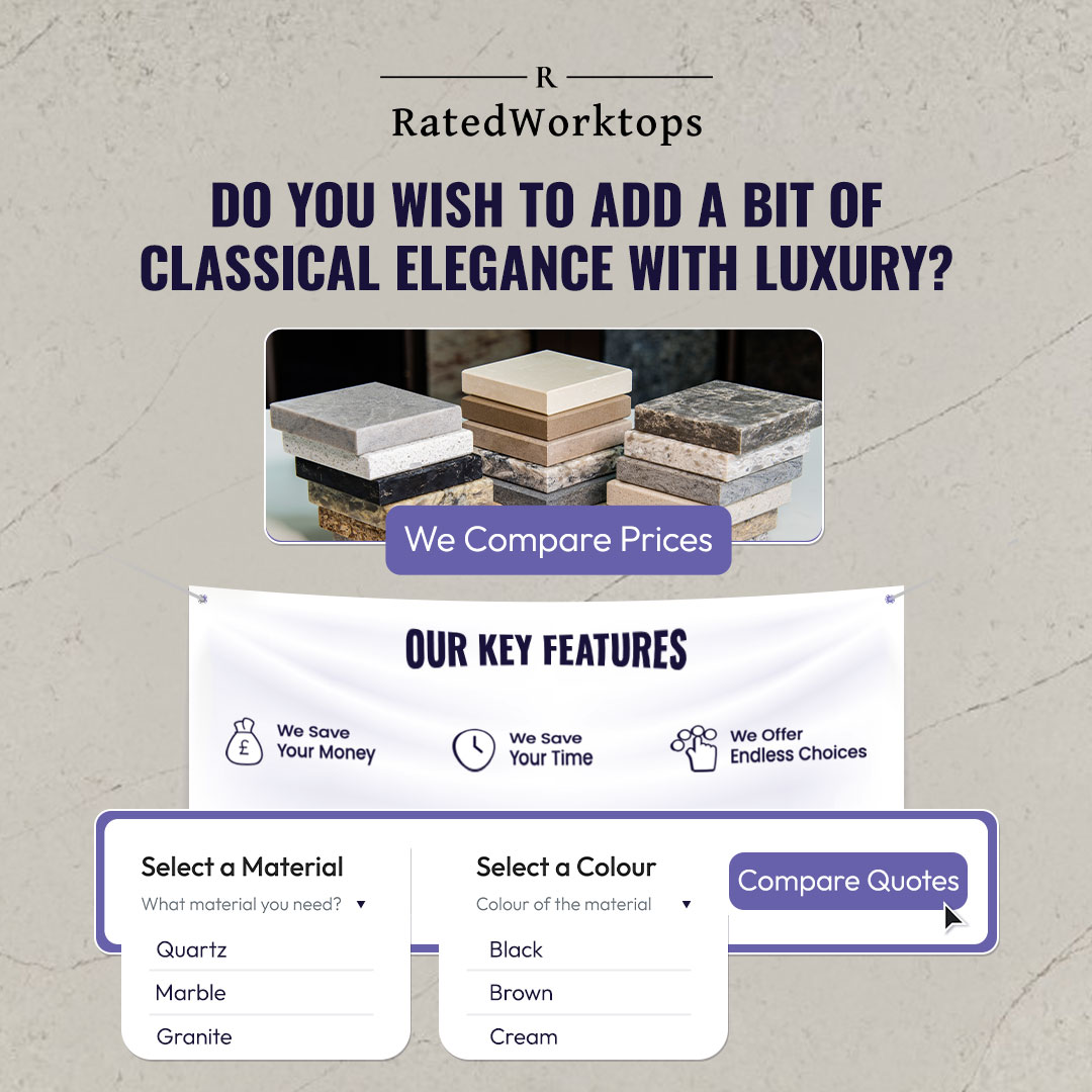 A screenshot of Ratedworktops.co.uk's website, displaying a quote comparison for quartz and granite countertops.