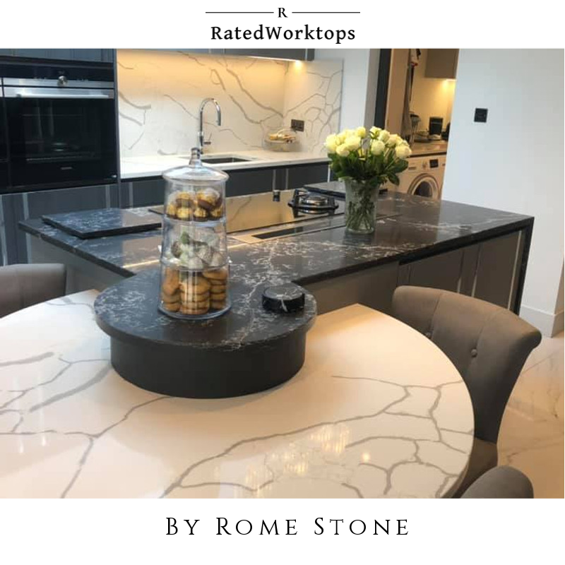 Black and white quartz worktops by partner Rome Stone